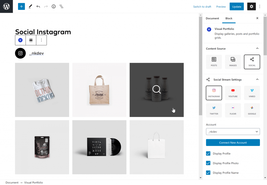 Portfolio gallery with Youtube, Flickr, Twitter, Vimeo, Dribbble, Google Photos