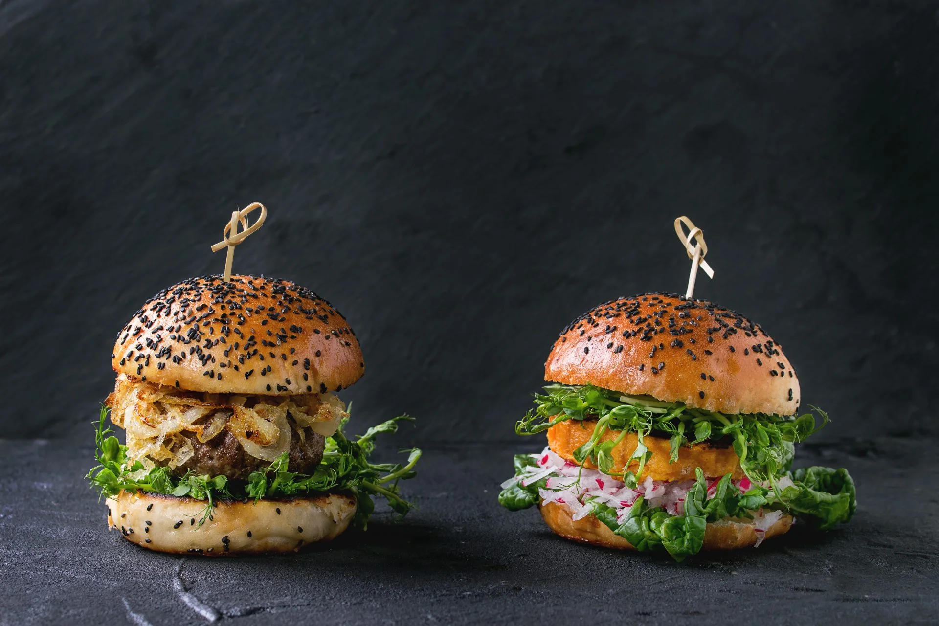 Meat and veggie burgers