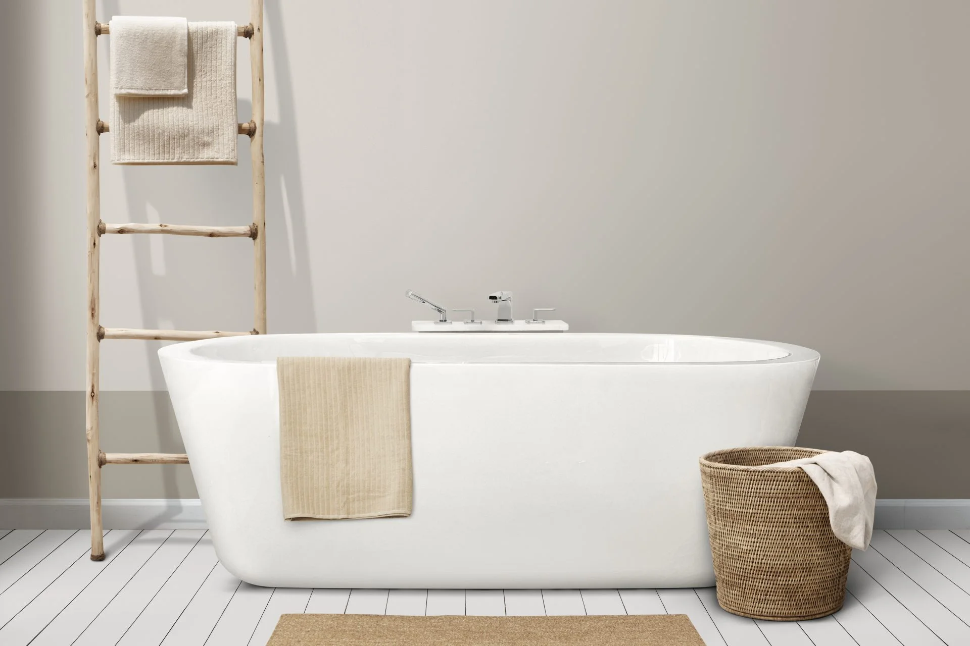 Minimal bathroom interior design with wooden furniture