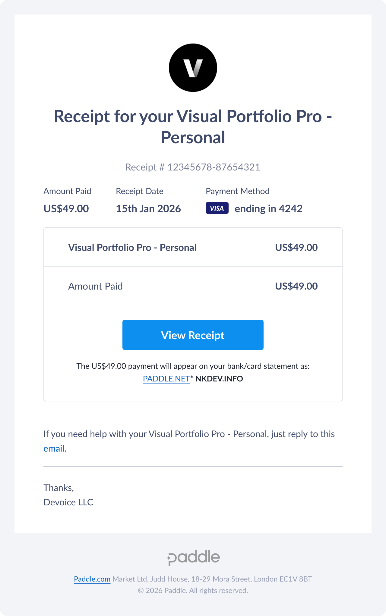 Example of a Paddle receipt for Visual Portfolio Pro